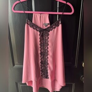Express Pink with Black Lace Detail Dressy Tank